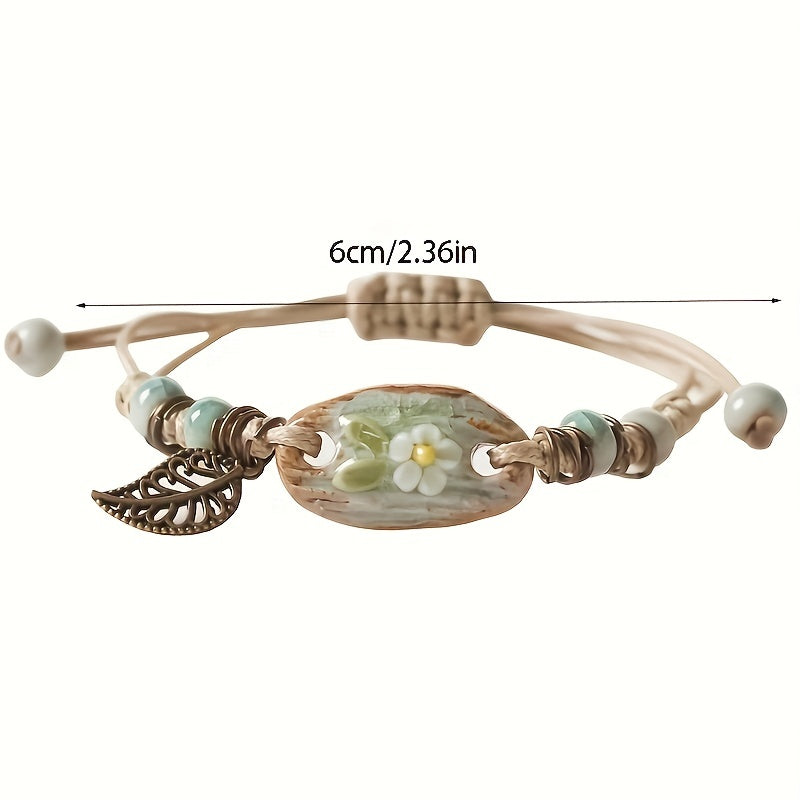 Vintage Leaf Pendant Braided Bracelet, Handmade