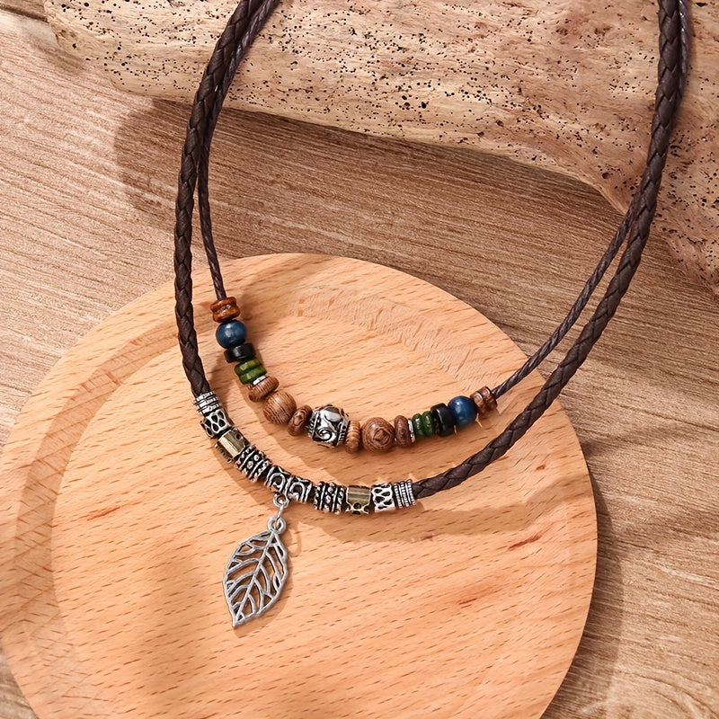 PU Leaf Wooden Bead Necklace, Party Ornament Jewelry
