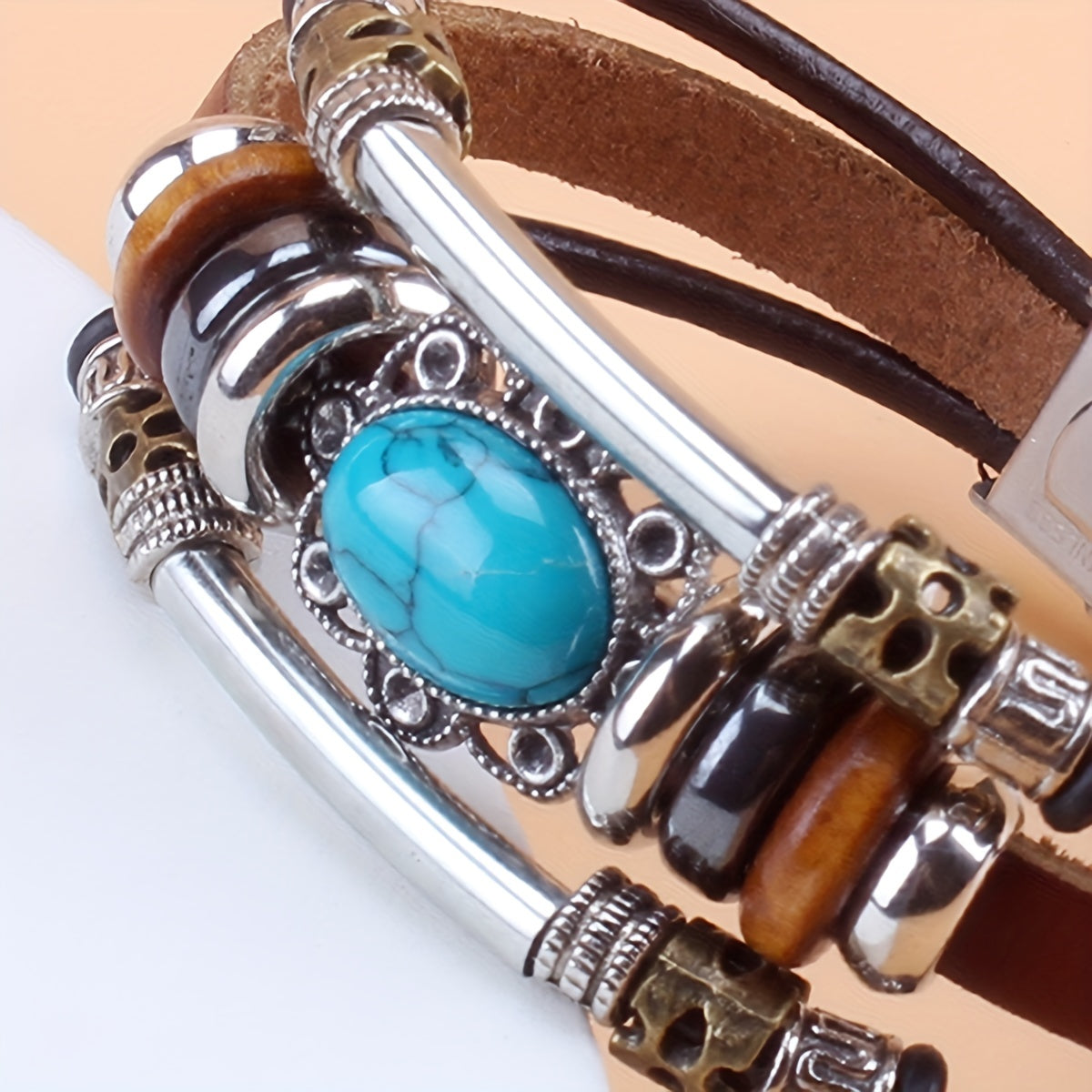 Green Turquoise Beaded Leather Bracelet, Vintage Style