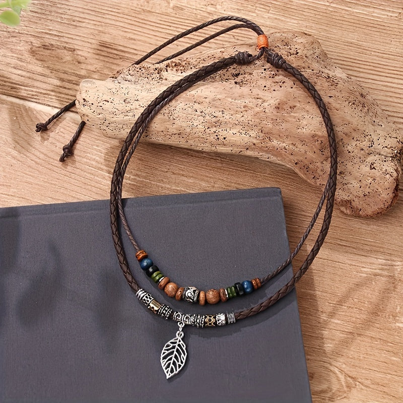 PU Leaf Wooden Bead Necklace, Party Ornament Jewelry
