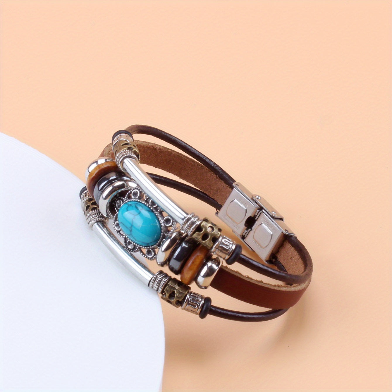 Green Turquoise Beaded Leather Bracelet, Vintage Style