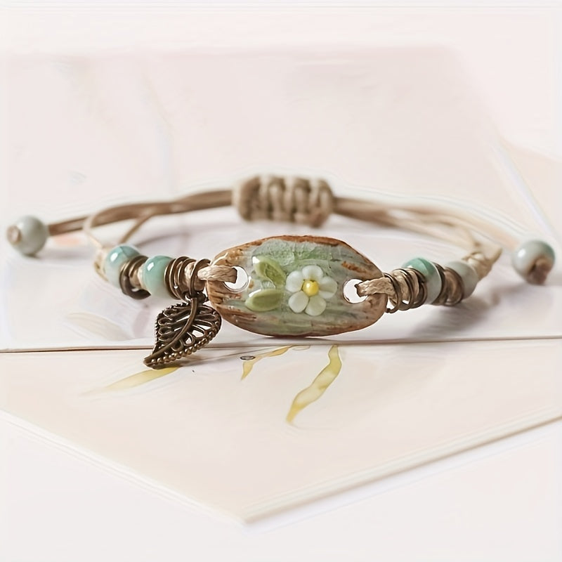 Vintage Leaf Pendant Braided Bracelet, Handmade