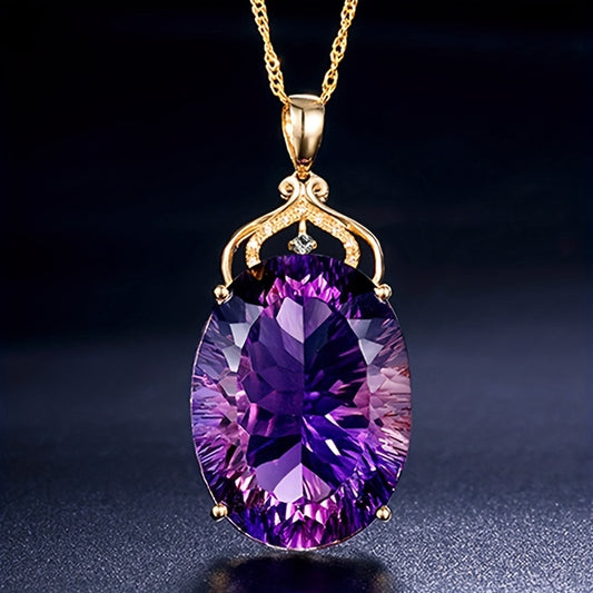 Luxury Amethyst Pendant Necklace, Hollow Crown Design