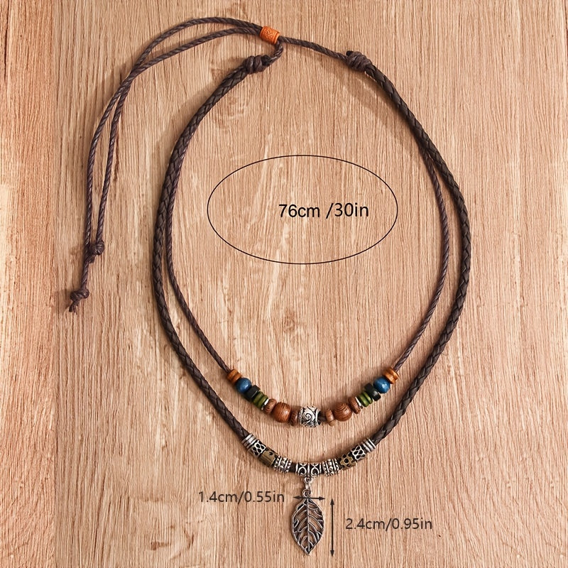 PU Leaf Wooden Bead Necklace, Party Ornament Jewelry