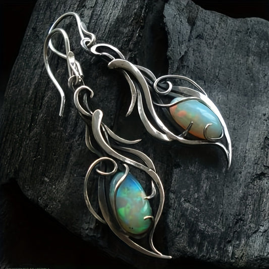 Vintage Opal Dangle Earrings, Bohemian Silver Jewelry