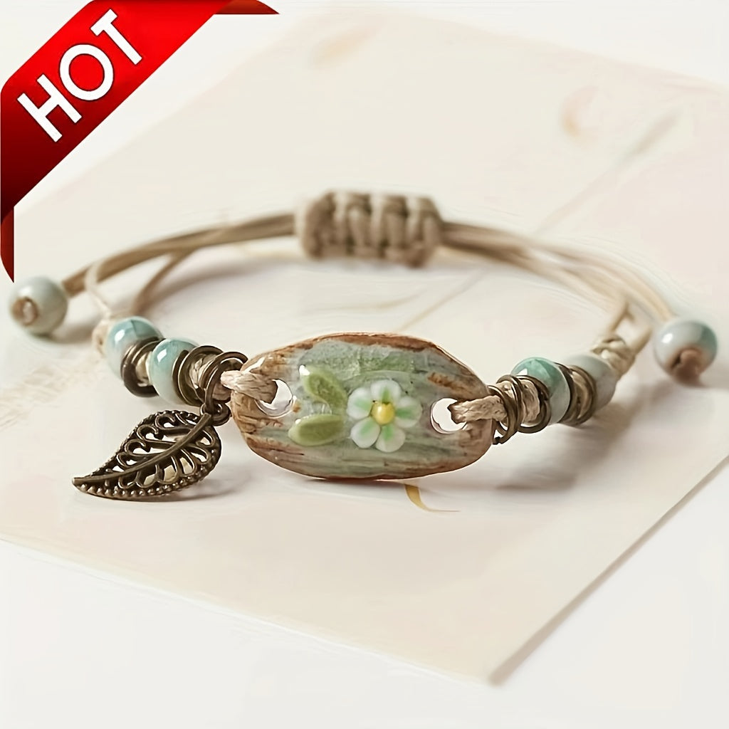 Vintage Leaf Pendant Braided Bracelet, Handmade