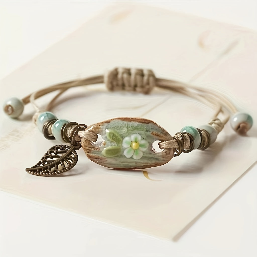 Vintage Leaf Pendant Braided Bracelet, Handmade