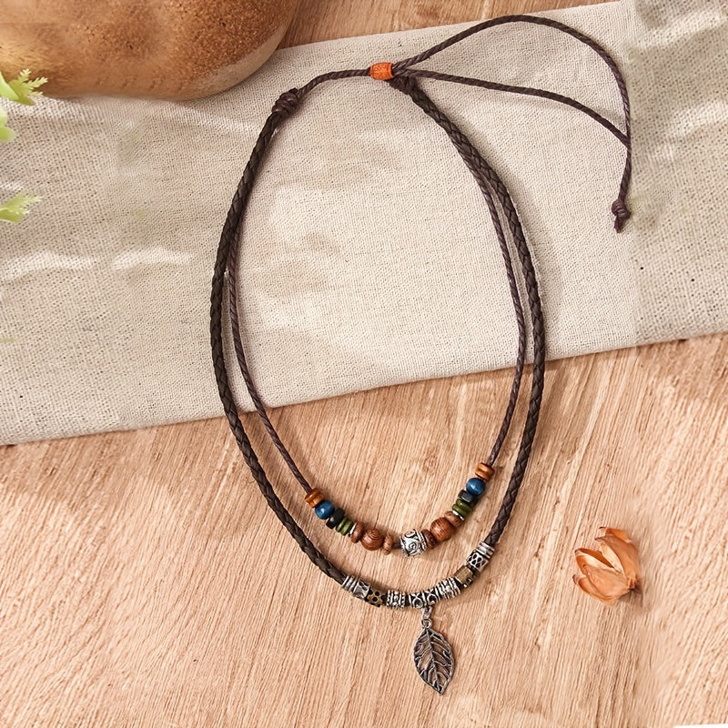 PU Leaf Wooden Bead Necklace, Party Ornament Jewelry