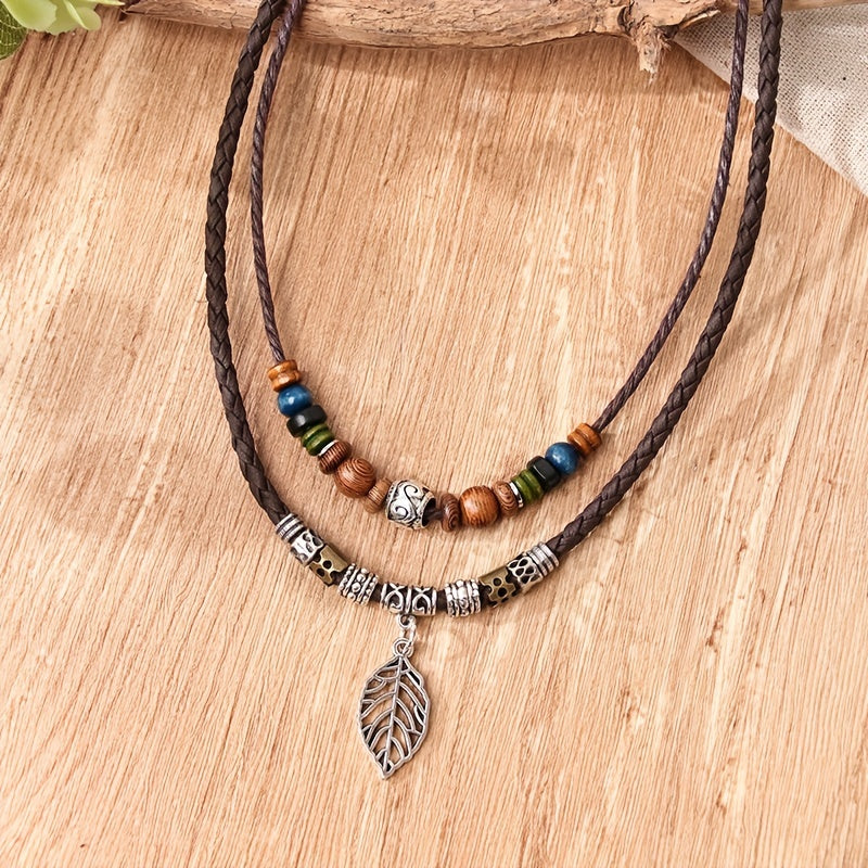 PU Leaf Wooden Bead Necklace, Party Ornament Jewelry